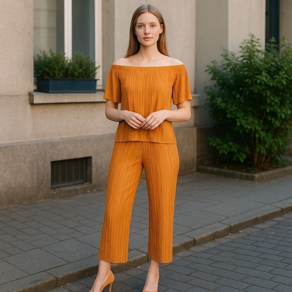 AVA JAMES | Plisse Off The Shoulder Top And Pants Set Medium